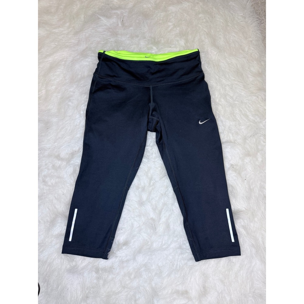 Nike Dri-FIT Womens Running Capris Black Neon Yellow Low Rise Leggings XS